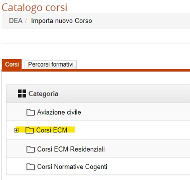 Elenco corsi disponibili, clicco su Corsi ECM