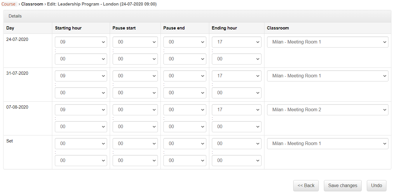 courses editions dates settings